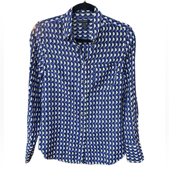 EUC J. Crew Patterned Blue and Black Geometric Blouse Size 2 - Picture 1 of 3